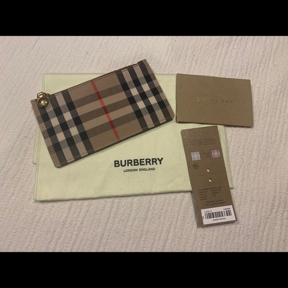 vintage check and leather zip card case